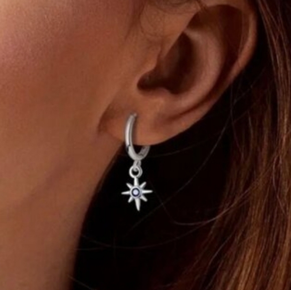 Moon & Star Earrings Sterling Silver Blue Rhinestone Small Hoop earring Trending - Picture 5 of 9